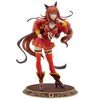 A collectible anime figurine of a horse-themed female character Maruzensky from Umamusume: Pretty Derby with reddish-brown hair, wearing a red and brown schoolgirl-style outfit with thigh-high red socks and a brown base, photographed on a plain white background.