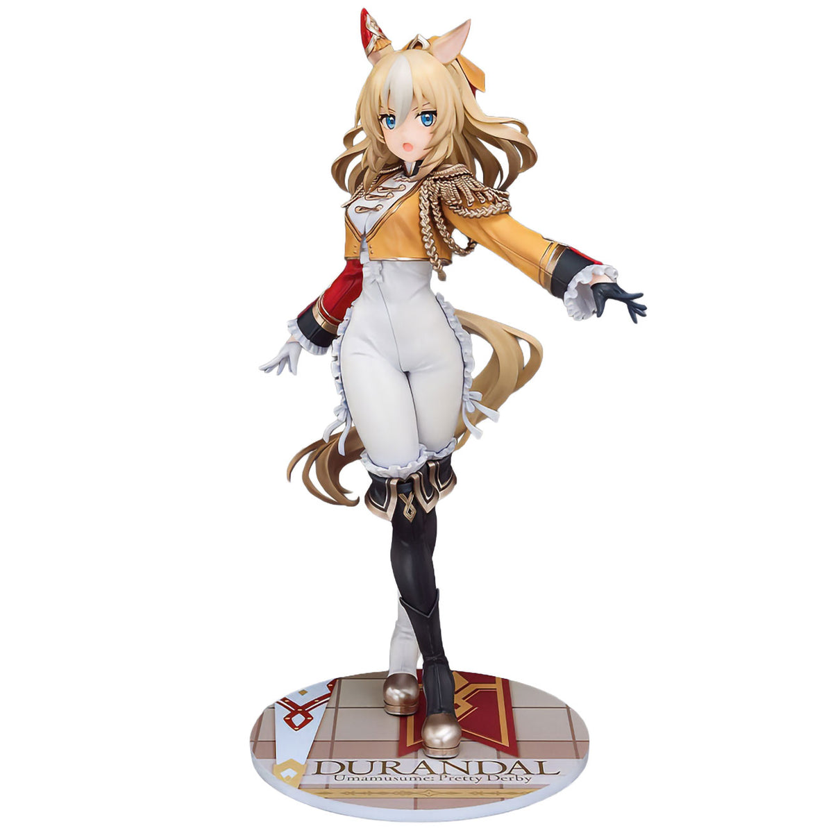 Umamusume Pretty Derby Durandal 1/7 scale figure featuring blonde hair, blue eyes, horse ears, a gold and red military-style jacket, white pants, and black boots in a dynamic pose on a decorative base.