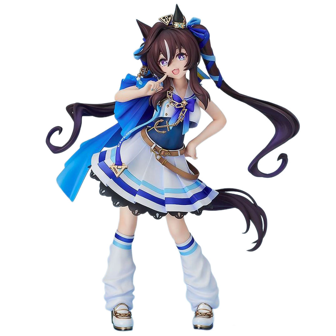 Vivlos from Umamusume: Pretty Derby with long dark purple hair, wearing a blue and white sailor-style dress with gold accents, a blue cape, posed against a plain white background.