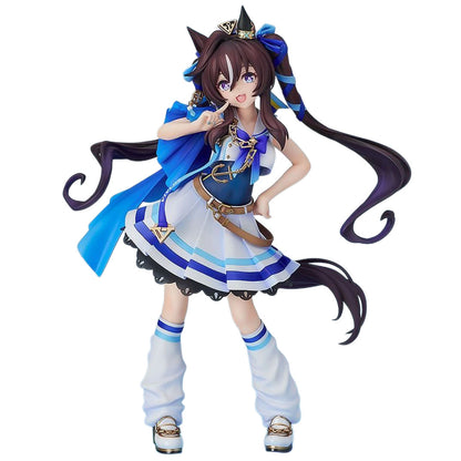 Vivlos from Umamusume: Pretty Derby with long dark purple hair, wearing a blue and white sailor-style dress with gold accents, a blue cape, posed against a plain white background.