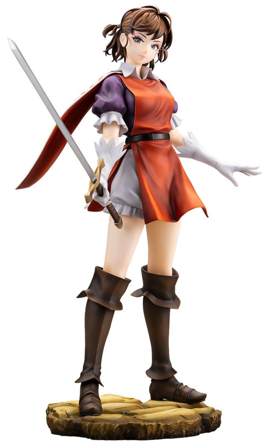 An anime-style female warrior figurine standing on a log base, holding a sword. She has brown hair in a ponytail, wearing an orange tunic over a purple and white dress, with brown boots and a red cape, against a plain white background.