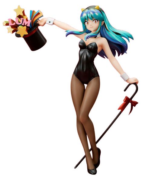 An anime-style female figurine with long green hair, wearing a black bodysuit and thigh-high stockings, holding a top hat with colorful stars and the word "LUM" and a cane, on a plain white background.