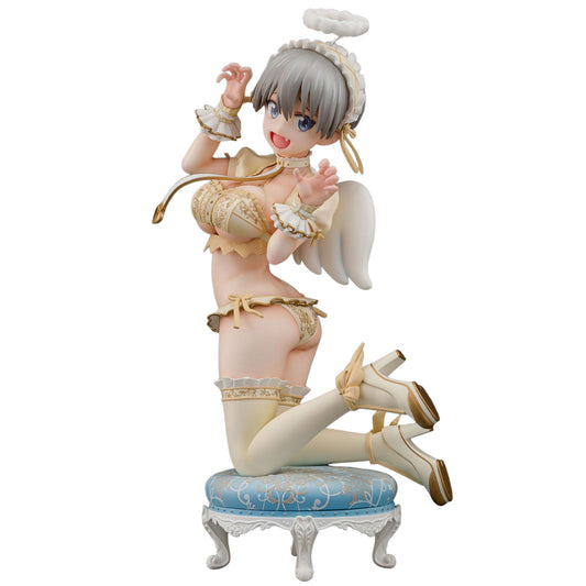 A detailed anime figurine of a kneeling angel Hana Uzaki from Uzaki-chan Wants to Hang Out! with gray hair, large blue eyes, and white wings, wearing a beige and gold lingerie-style outfit with white thigh-high stockings, posed on a small ornate blue and white stool against a plain white background.