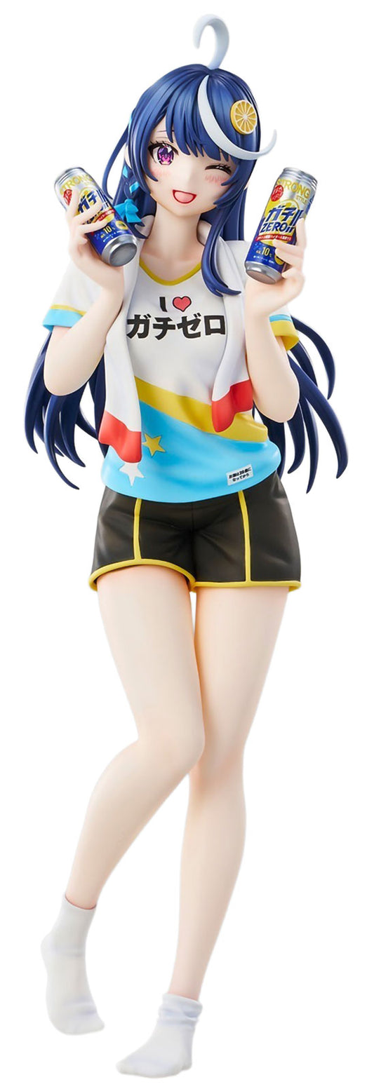 A VTuber Legend Shuwa-chan figurine of a blue-haired girl wearing a white, blue, and yellow athletic jersey with 'GachiZero' printed on the chest, black shorts with yellow trim, and white socks, while holding two beverage cans.
