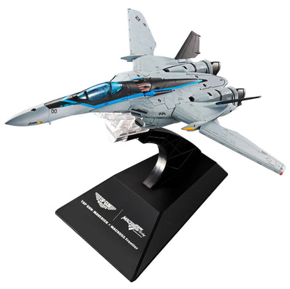 A detailed model of VF-25 Messiah Valkyrie from Macross Frontier in light gray with blue accents, displayed on a black stand against a white background.