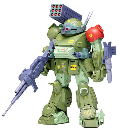 Toy robot figure with green and red color scheme on a white background