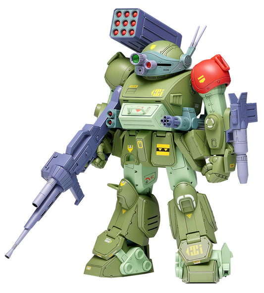 Toy robot figure with green and red color scheme on a white background