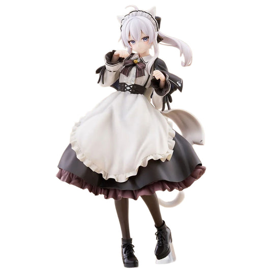 Elaina from Wandering Witch: The Journey of Elaina figurine with white hair and cat ears, wearing a white and black maid outfit with a dark skirt, black tights, and black shoes, posed against a plain white background.