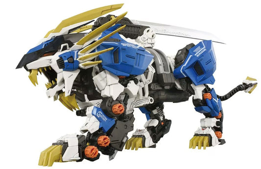 A blue, white, and black Zoids Murasame Liger with gold accents, shown in a dynamic crouching pose against a plain white background.
