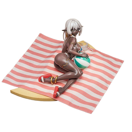 An anime figurine of Dark Elf Dancer with white hair lounging on a pink and white striped beach towel, holding a green and white striped beach ball, set against a plain white background.
