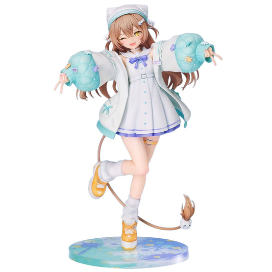 An anime-style collectible figurine of rurudoLION in a white and light blue outfit with pastel accessories, posed dynamically on a round base against a plain white background.