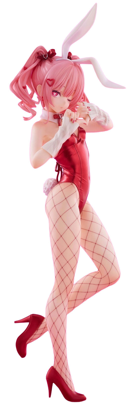 A collectible anime figurine of a rurudo Rabbi with pink hair and bunny ears, wearing a red bodysuit, pink fishnet stockings, and red high heels, posed against a plain white background.